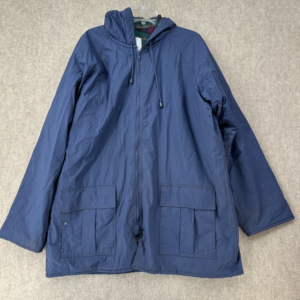 Misty Harbor Blue Hooded Raincoat Plaid‎ Flannel Lined Water Proof Women XL